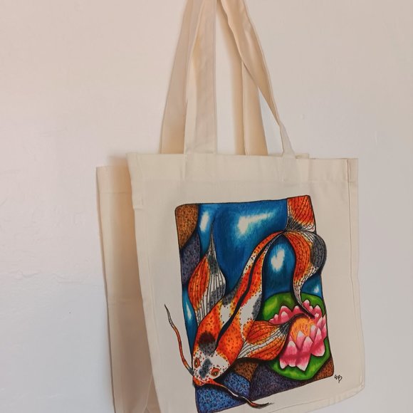 Hand-Painted Koi Fish Canvas Tote Bag: Lotus Pond Reusable Bag 14x13x7 inches - Picture 5 of 10